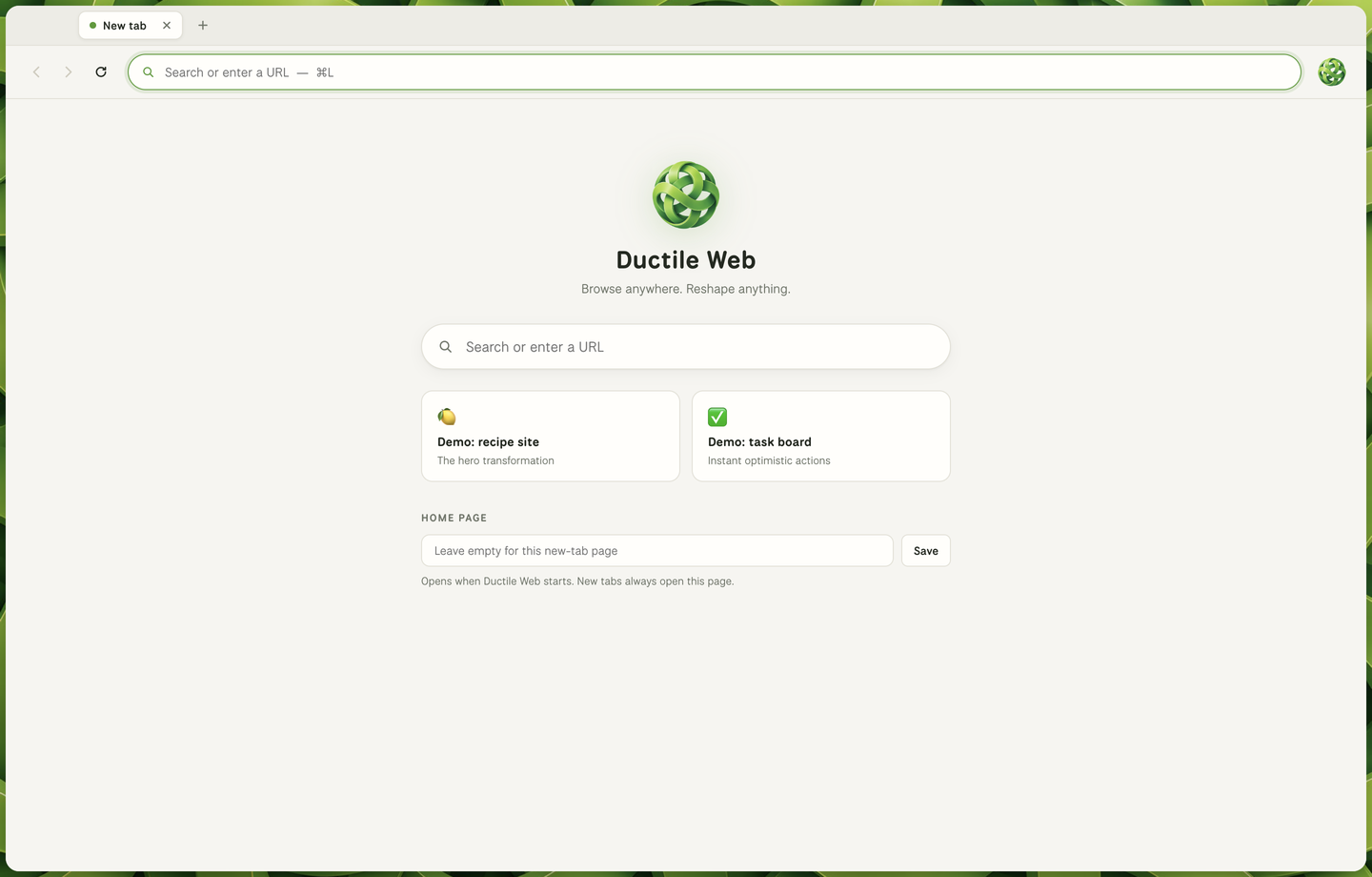 Ductile Web's start page: a floating warm-paper browser window over a woven green ribbon backdrop