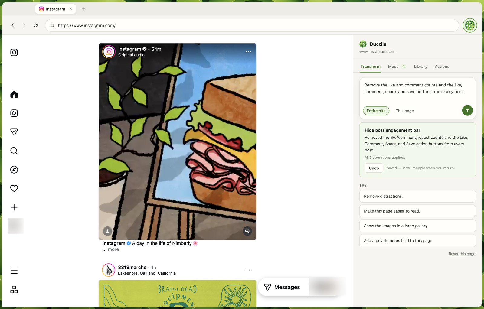 Ductile Web showing instagram.com with the like and comment counts and action buttons removed from the feed, and the Ductile panel open